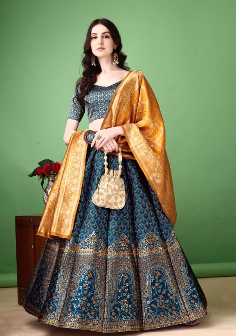 Multicolor Jacquard Work Silk Blend Lehenga Set for Diwali and Festive Wear - Indya