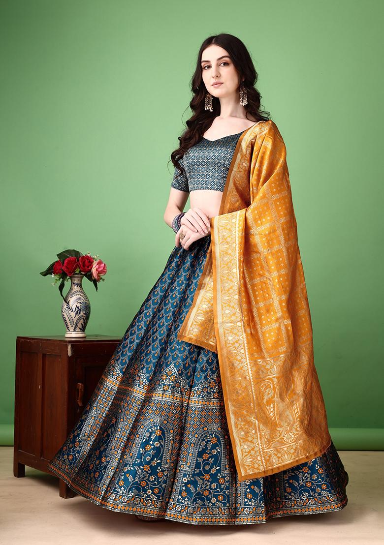 Multicolor Jacquard Work Silk Lehenga Set - Indya