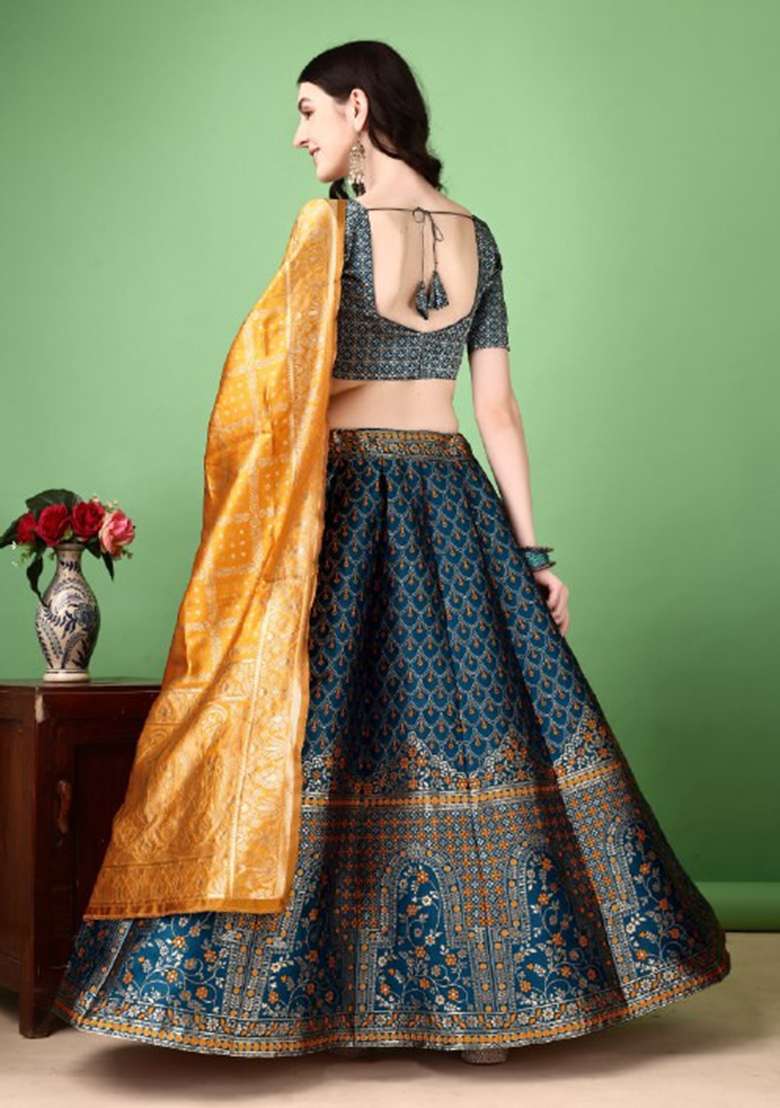 Multicolor Jacquard Work Silk Blend Lehenga Set for Diwali and Festive Wear - Indya