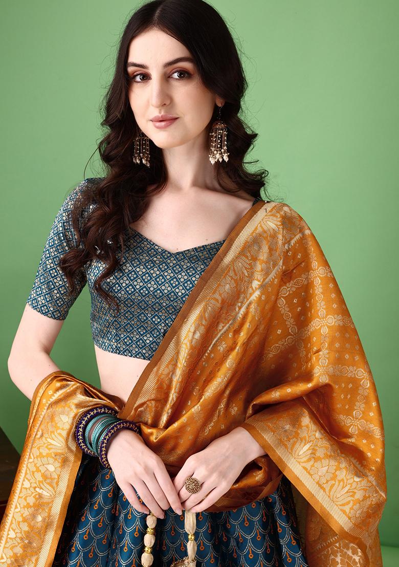 Multicolor Jacquard Work Silk Lehenga Set - Indya