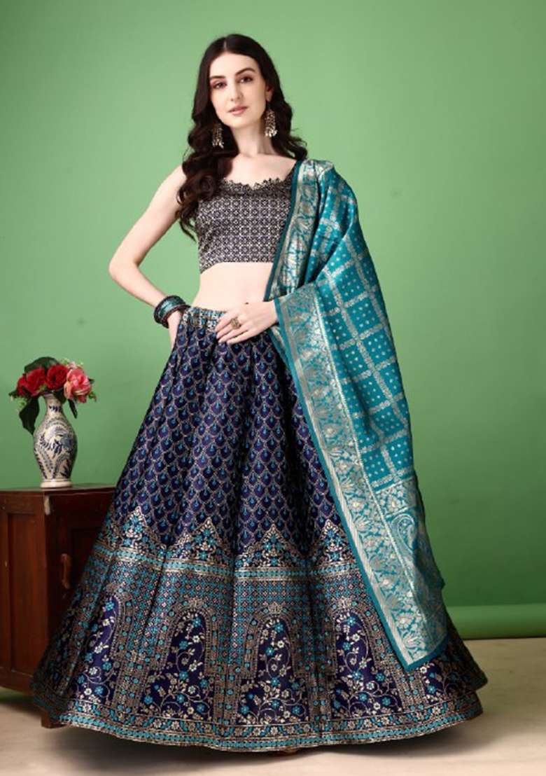 Multicolor Jacquard Work Silk Blend Lehenga Set for Diwali | Wedding & Festive Wear - Indya