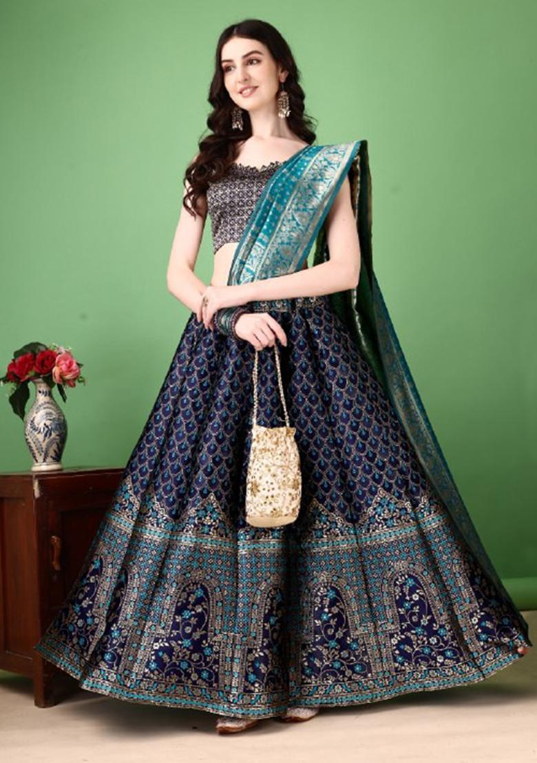 Multicolor Jacquard Work Silk Lehenga Set - Indya
