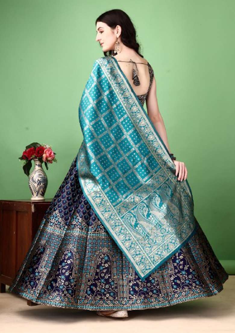 Multicolor Jacquard Work Silk Blend Lehenga Set for Diwali | Wedding & Festive Wear - Indya