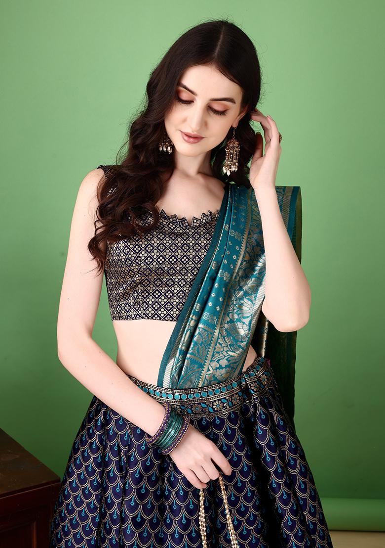 Multicolor Jacquard Work Silk Lehenga Set - Indya