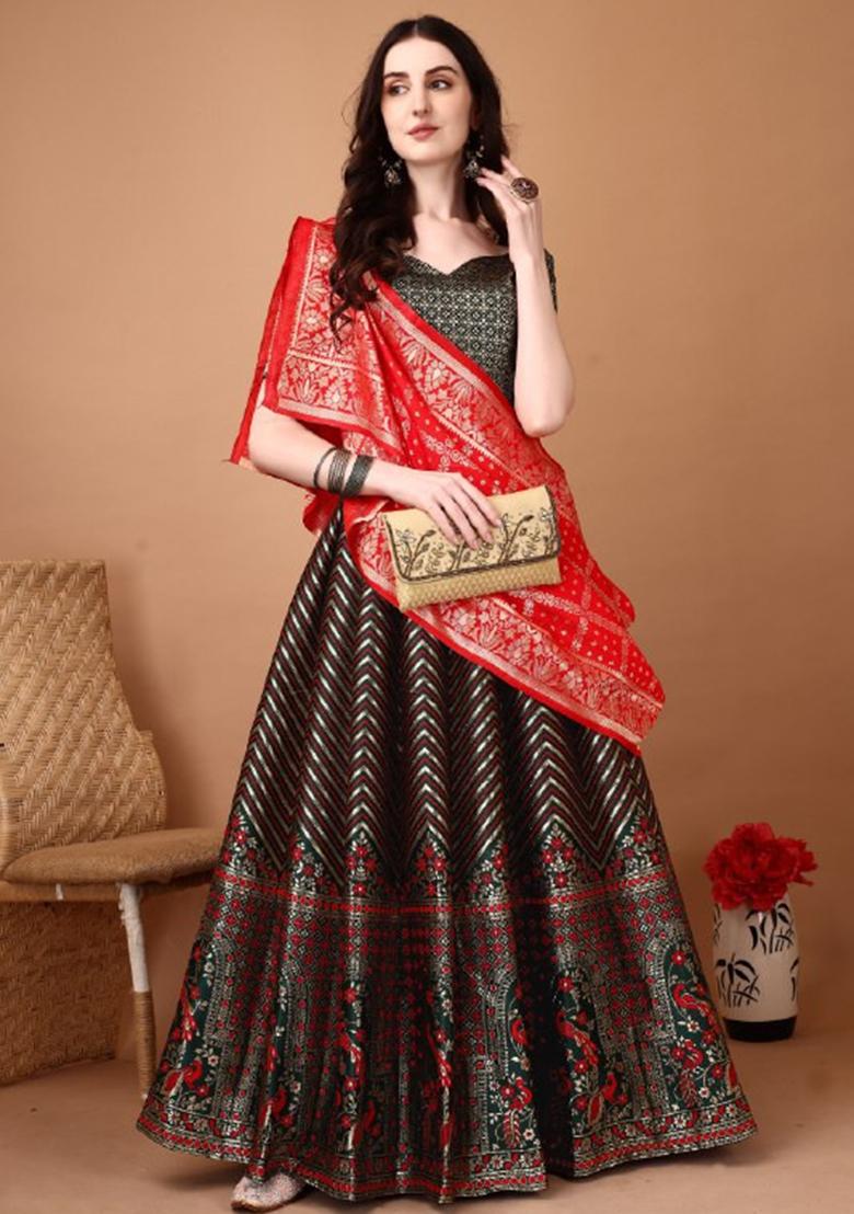 Multicolor Jacquard Work Silk Lehenga Set - Indya