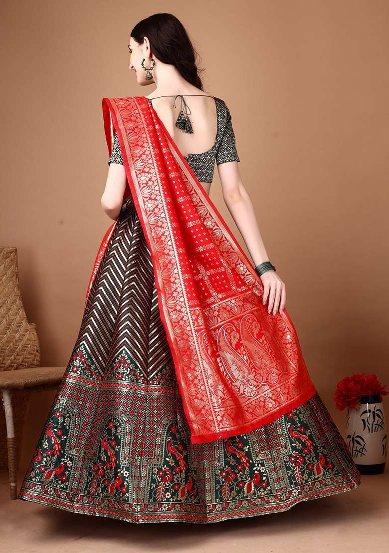 Multicolor Jacquard Work Silk Blend Lehenga Set for Diwali | Wedding & Festive Wear - Indya
