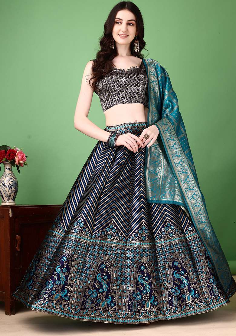 Multicolor Jacquard Work Silk Blend Lehenga Set for Diwali and Festive Wear - Indya