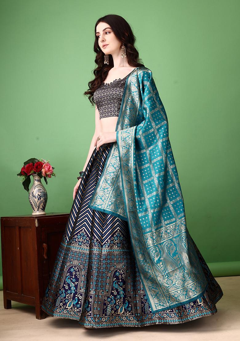 Multicolor Jacquard Work Silk Lehenga Set - Indya