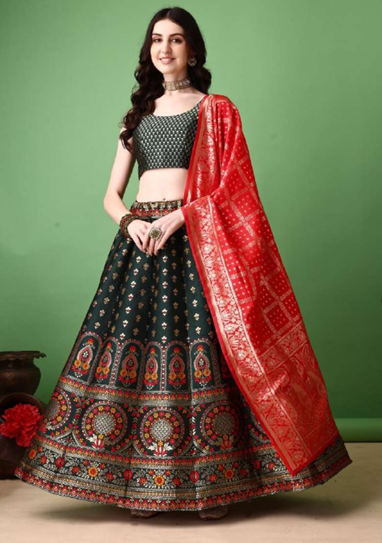 Multicolor Jacquard Work Silk Blend Lehenga Set for Diwali | Wedding & Festive Wear - Indya