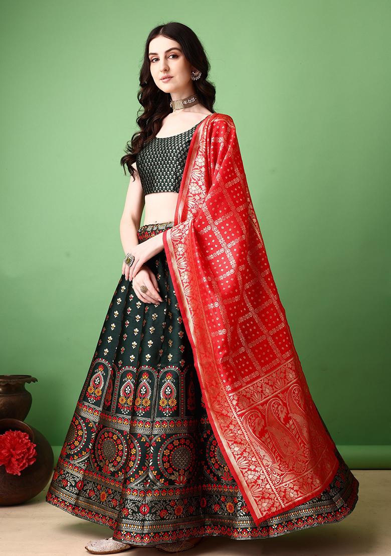Multicolor Jacquard Work Silk Lehenga Set - Indya