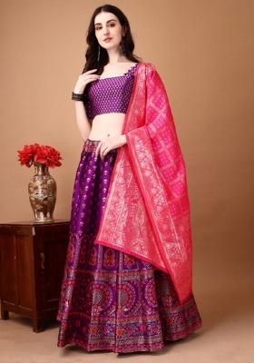 Multicolor Jacquard Work Silk Lehenga Set