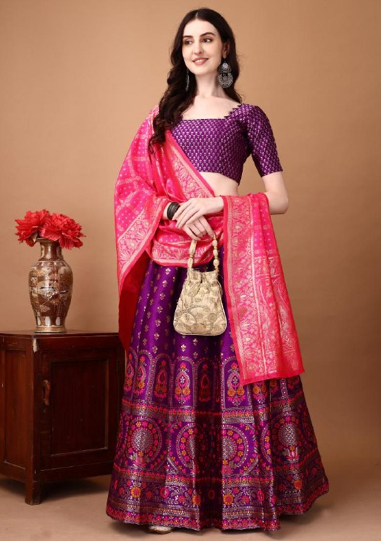 Multicolor Jacquard Work Silk Lehenga Set - Indya