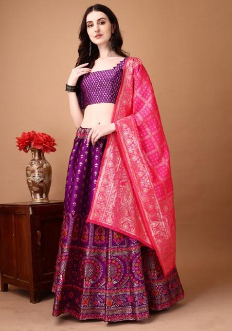 Multicolor Jacquard Work Silk Lehenga Set