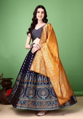 Multicolor Jacquard Work Silk Lehenga Set