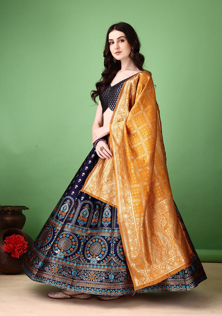 Multicolor Jacquard Work Silk Lehenga Set - Indya
