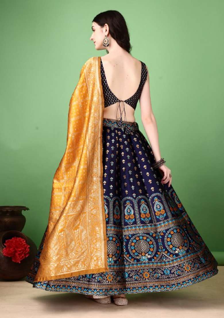Multicolor Jacquard Work Silk Blend Lehenga Set for Diwali and Festive Wear - Indya