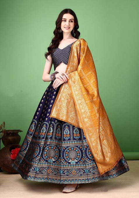 Multicolor Jacquard Work Silk Lehenga Set