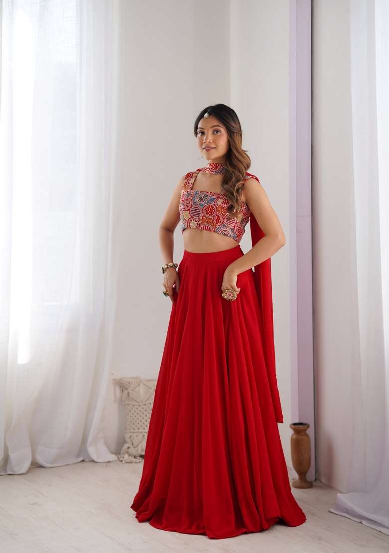 Red Embroidery Georgette Lehenga Set for Diwali and Festive Wear - Indya
