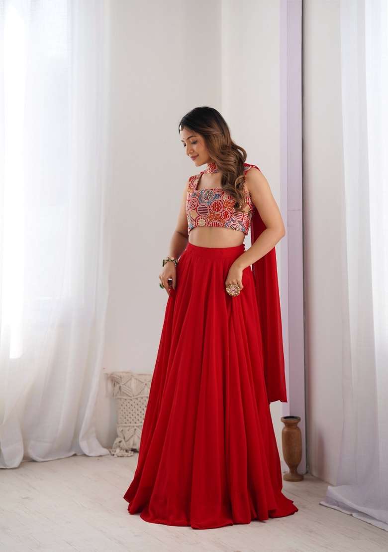 Red Embroidery Georgette Lehenga Set for Diwali and Festive Wear - Indya