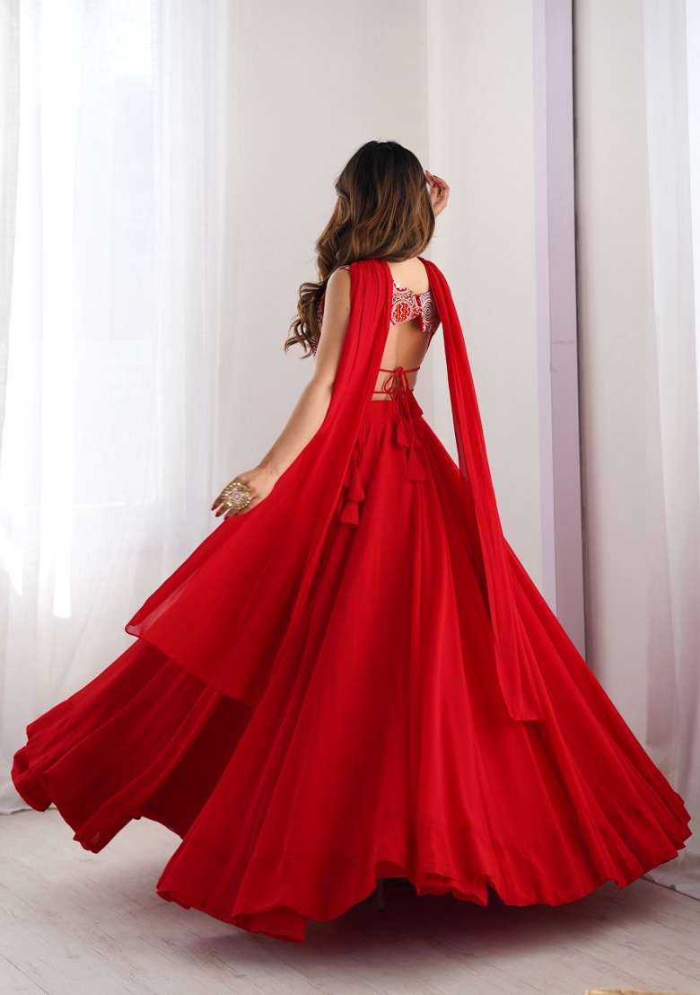 Red Embroidery Georgette Lehenga Set for Diwali and Festive Wear - Indya