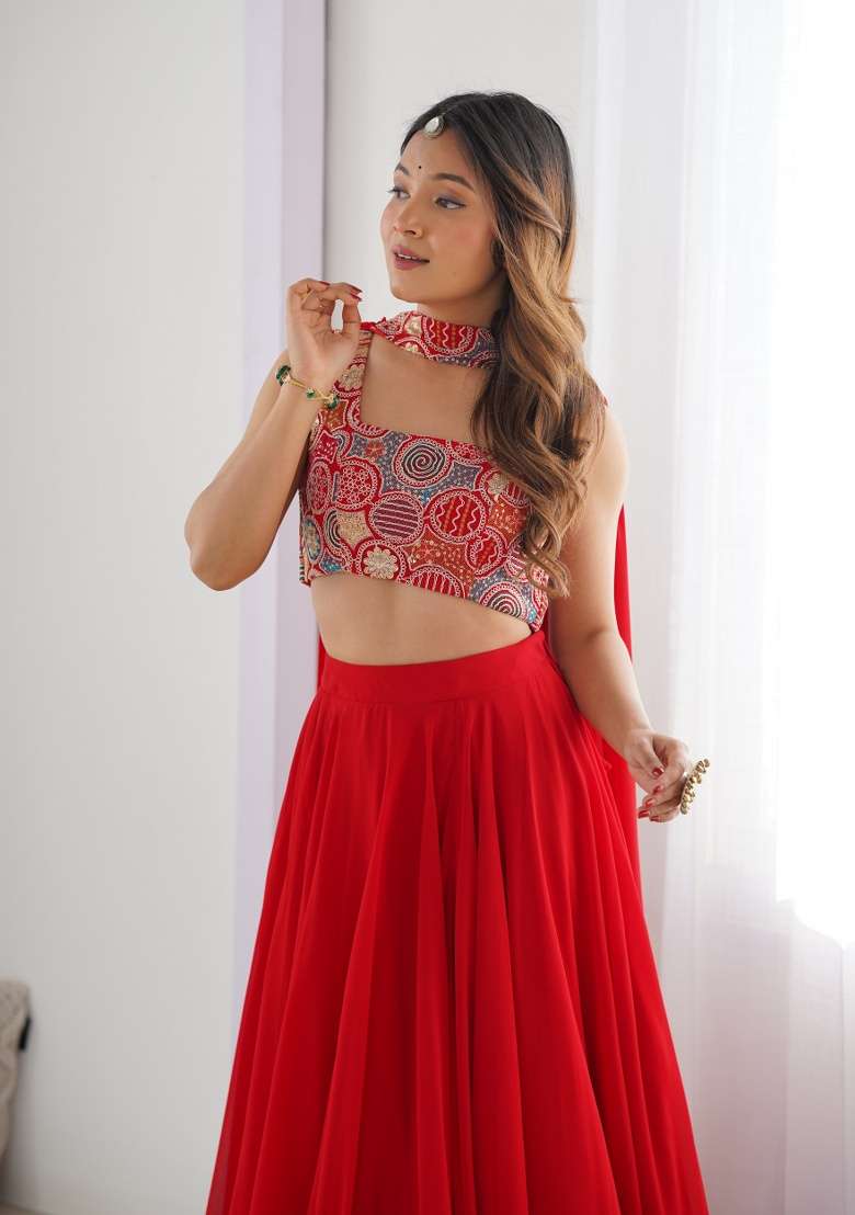 Red Embroidery Georgette Lehenga Set for Diwali and Festive Wear - Indya