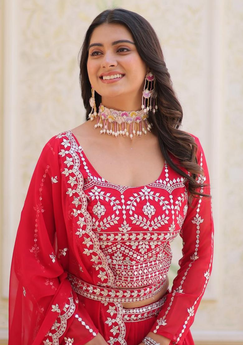 Maroon Embroidery Georgette Lehenga Set - Indya