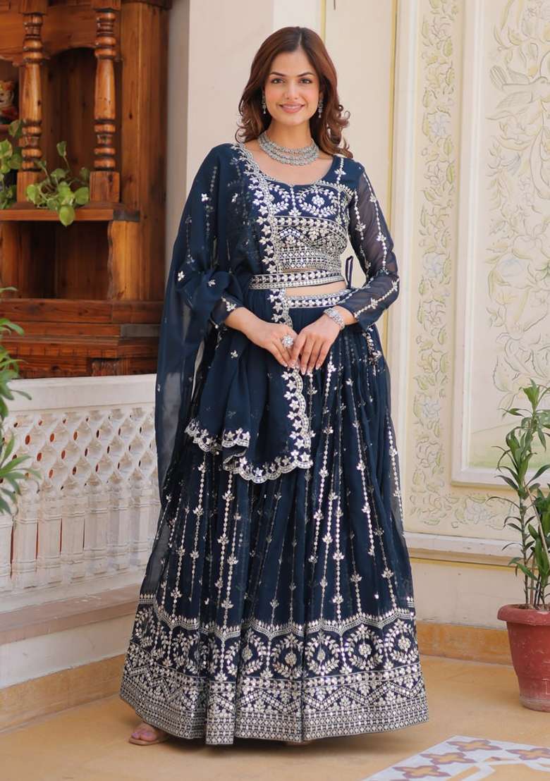 Teal Embroidery Georgette Lehenga Set for Diwali and Festive Wear - Indya