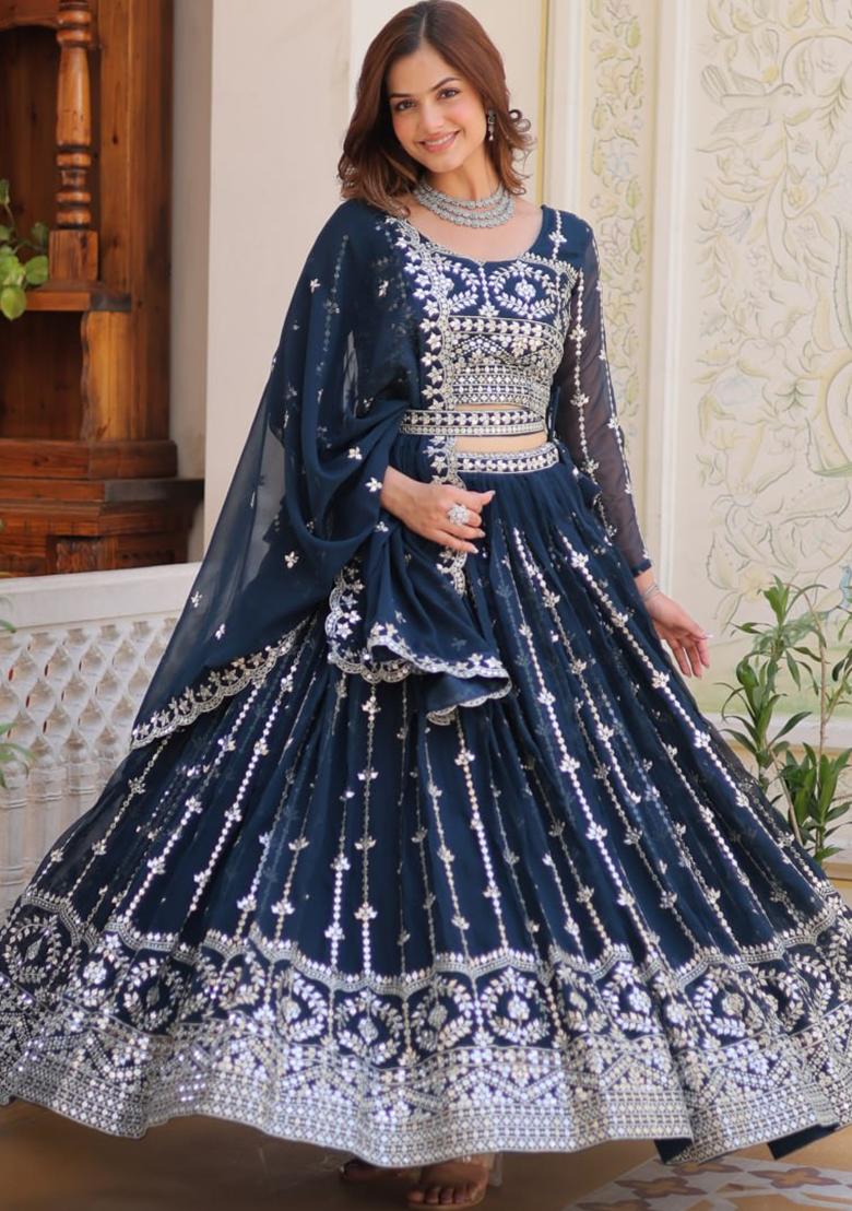 Teal Embroidery Georgette Lehenga Set - Indya