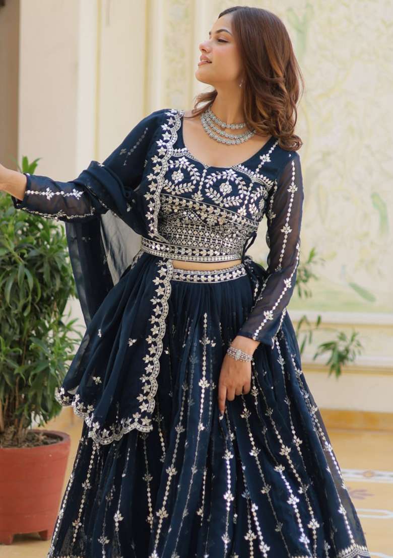 Teal Embroidery Georgette Lehenga Set for Diwali and Festive Wear - Indya