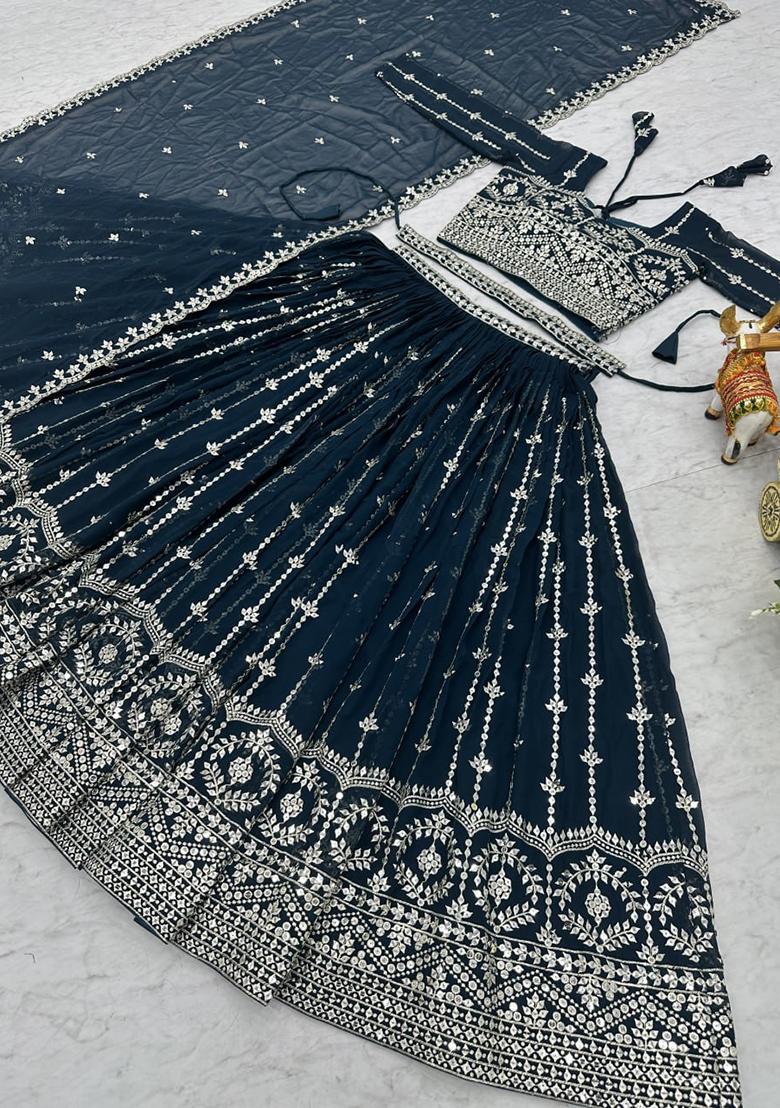 Teal Embroidery Georgette Lehenga Set - Indya