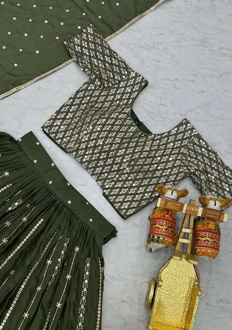 Mehendi Green Embroidery Georgette Lehenga Set - Indya