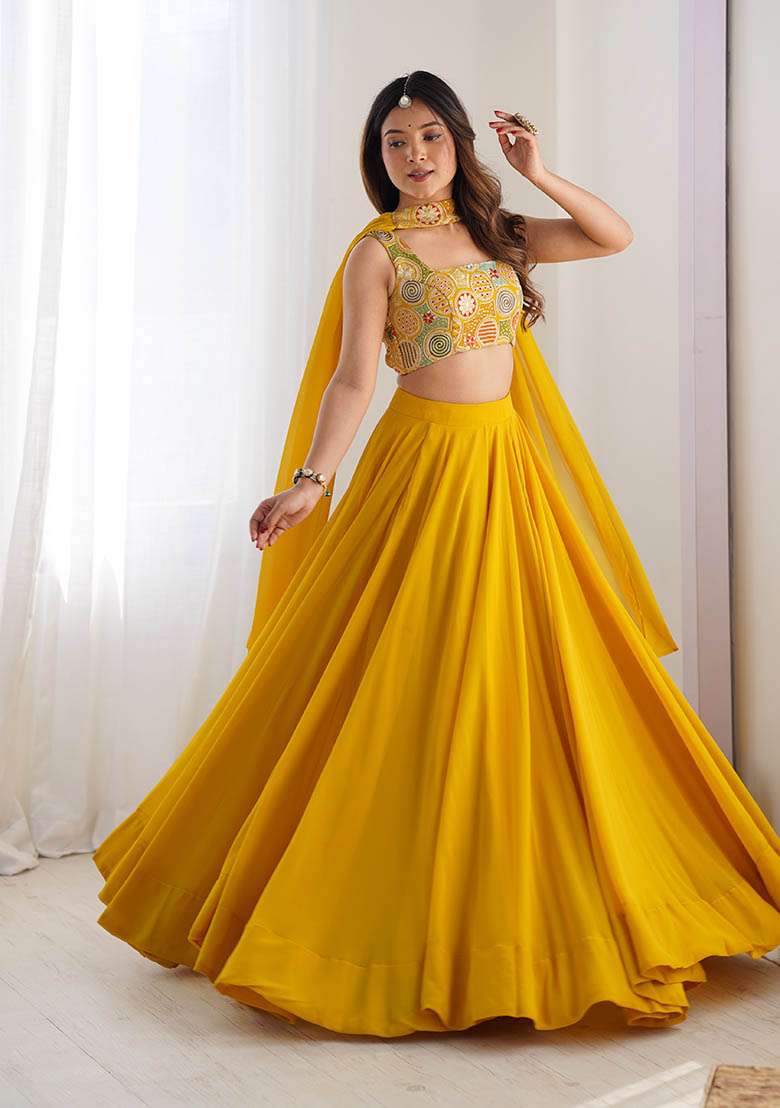 Yellow Embroidery Georgette Lehenga Set for Diwali and Festive Wear - Indya
