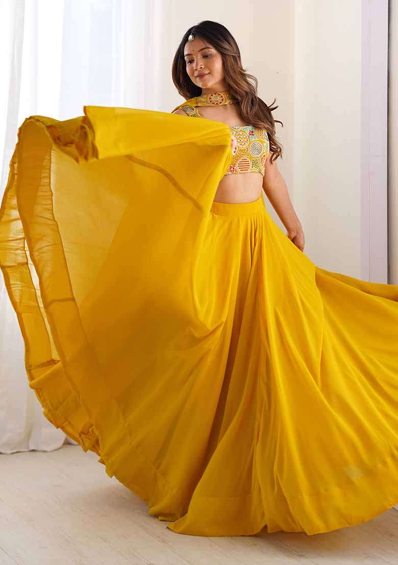 Yellow Embroidery Georgette Lehenga Set for Diwali and Festive Wear - Indya