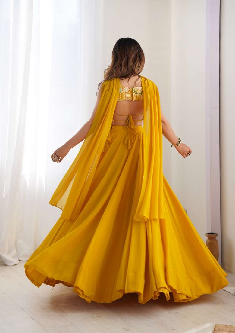 Yellow Embroidery Georgette Lehenga Set for Diwali and Festive Wear - Indya