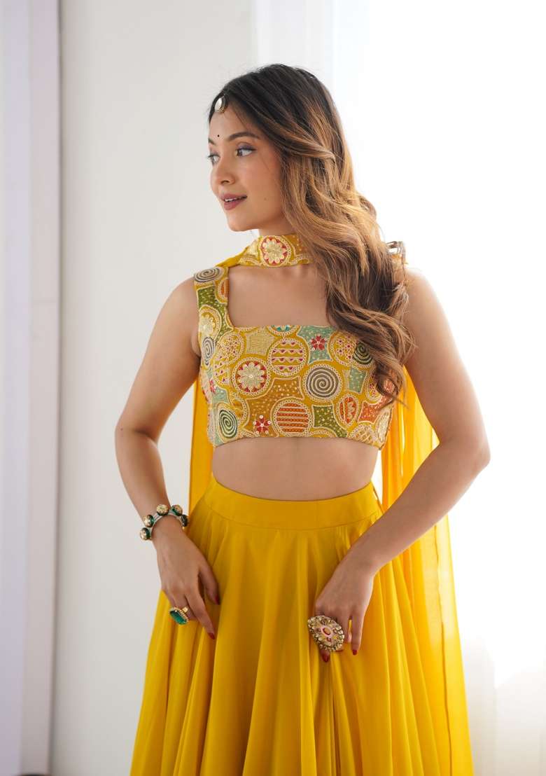 Yellow Embroidery Georgette Lehenga Set for Diwali and Festive Wear - Indya