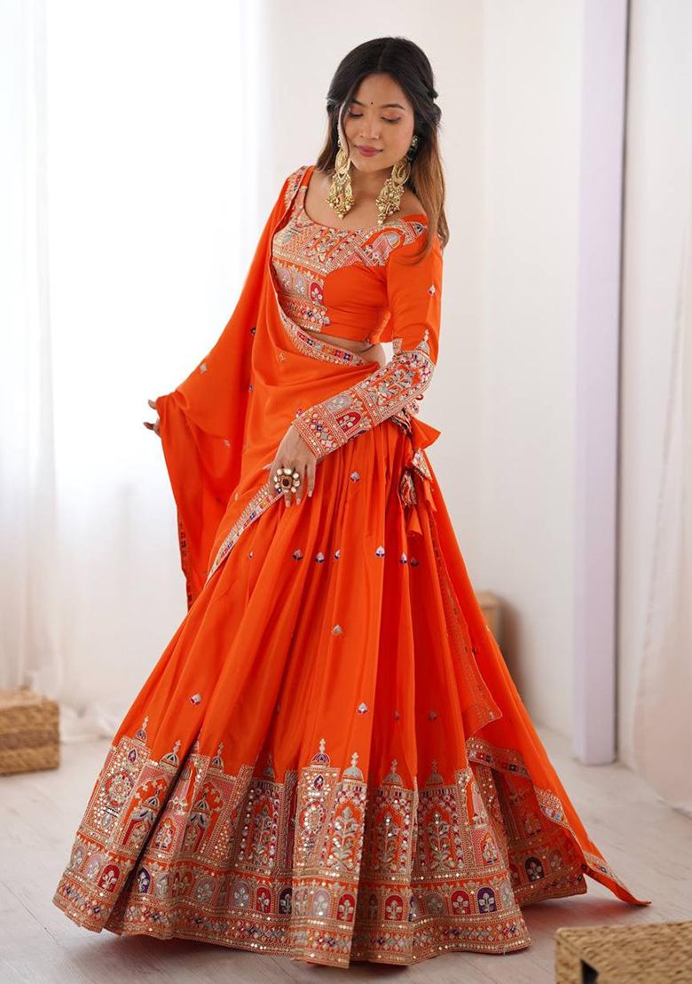 Orange Sequence Silk Lehenga Set - Indya