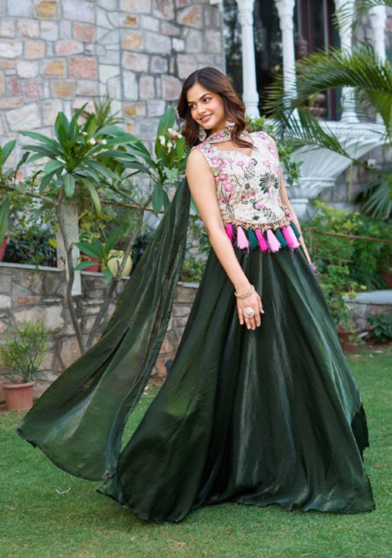 Green Embroidery Silk Lehenga Set - Indya