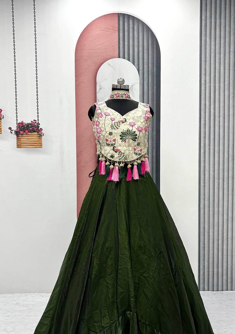 Green Embroidery Silk Lehenga Set - Indya