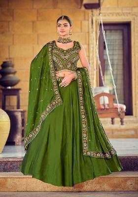 Mehendi Beads Work Silk Lehenga Set