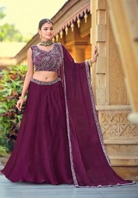 Purple Beads Work Silk Lehenga Set