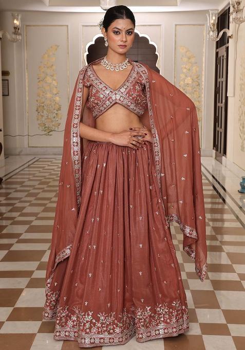 Brown Embroidery Georgette Lehenga Set