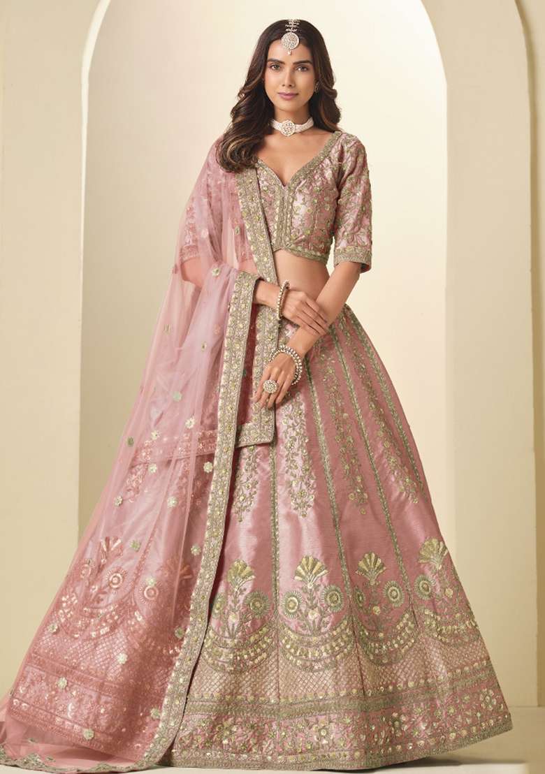 Baby Pink Embroidered Silk Blend Lehenga Set for Diwali and Festive Wear - Indya