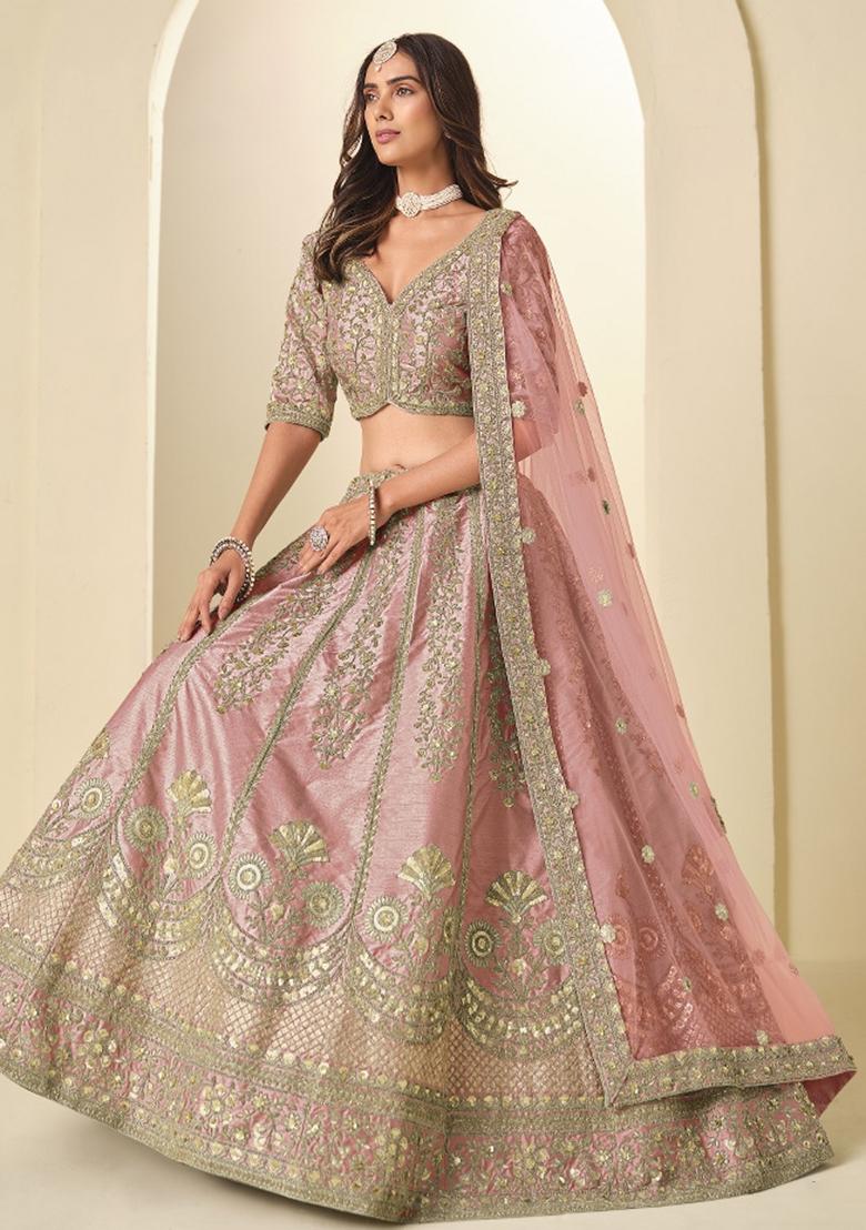 Baby Pink Embroidered Silk Lehenga Set - Indya