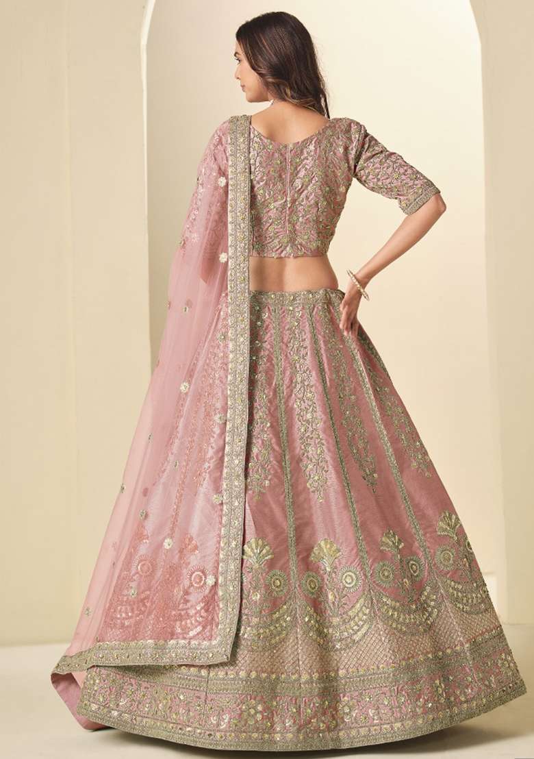 Baby Pink Embroidered Silk Blend Lehenga Set for Diwali and Festive Wear - Indya