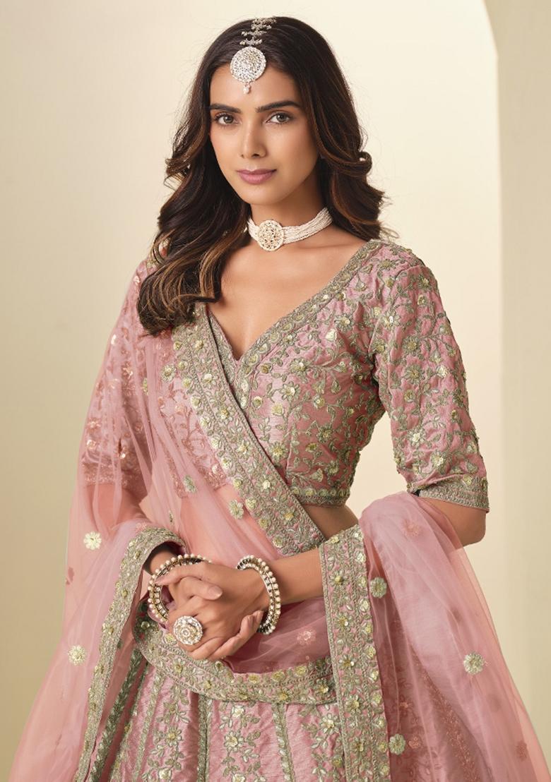 Baby Pink Embroidered Silk Lehenga Set - Indya
