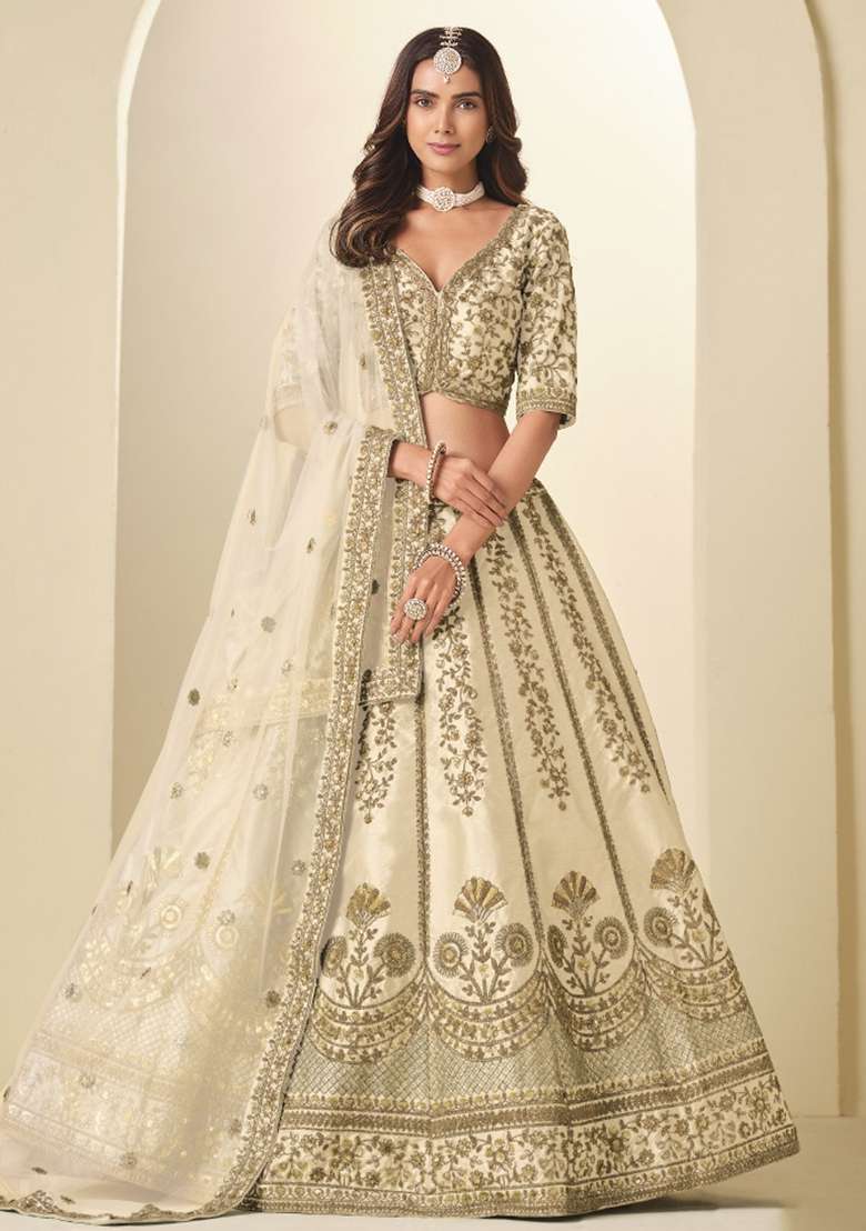Off White Embroidered Silk Blend Lehenga Set - Indya