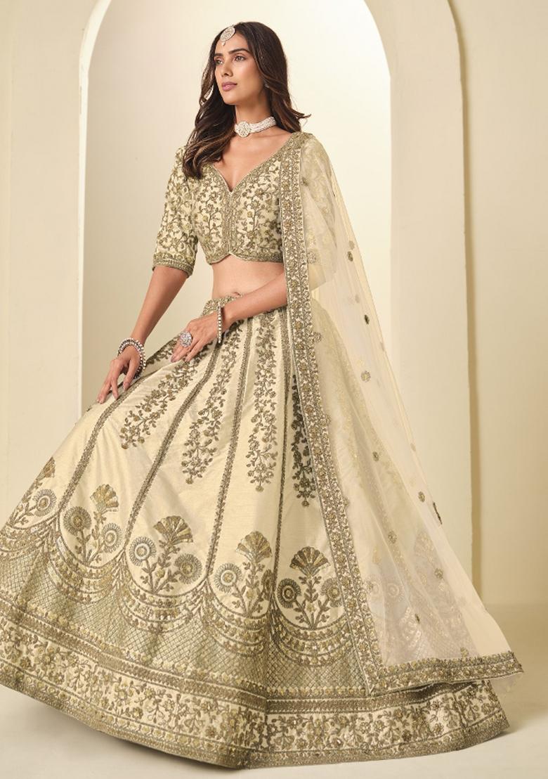 Off White Embroidered Silk Lehenga Set - Indya