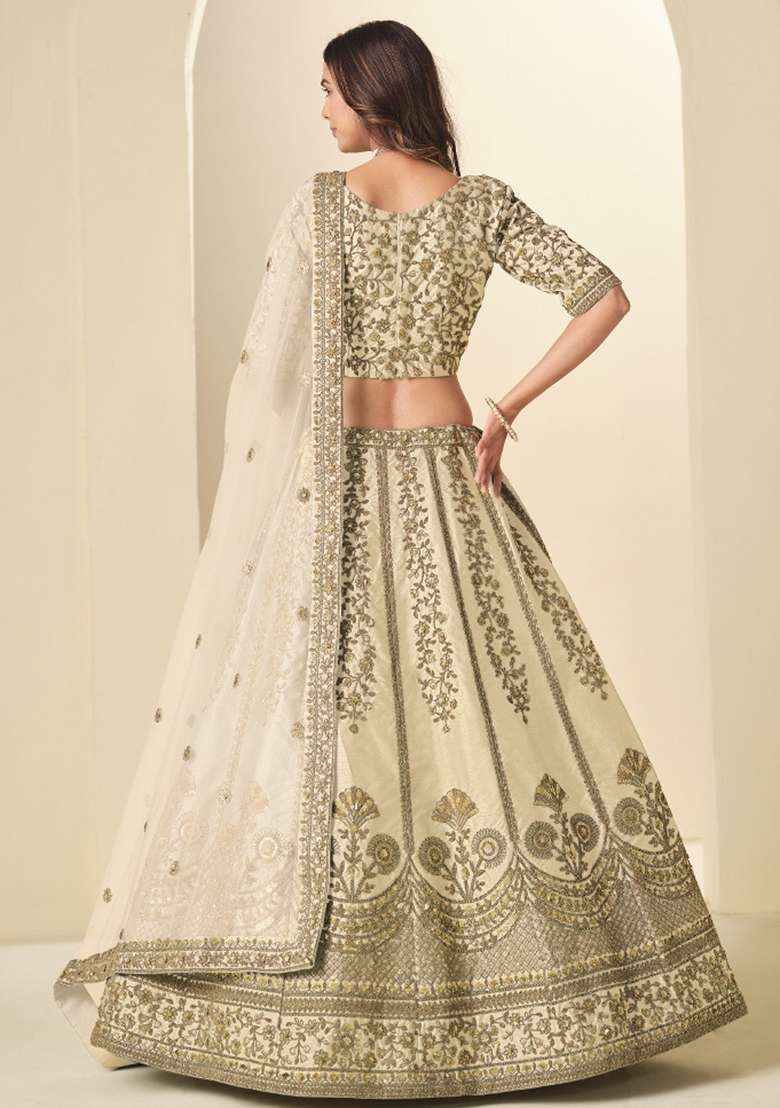Off White Embroidered Silk Blend Lehenga Set - Indya