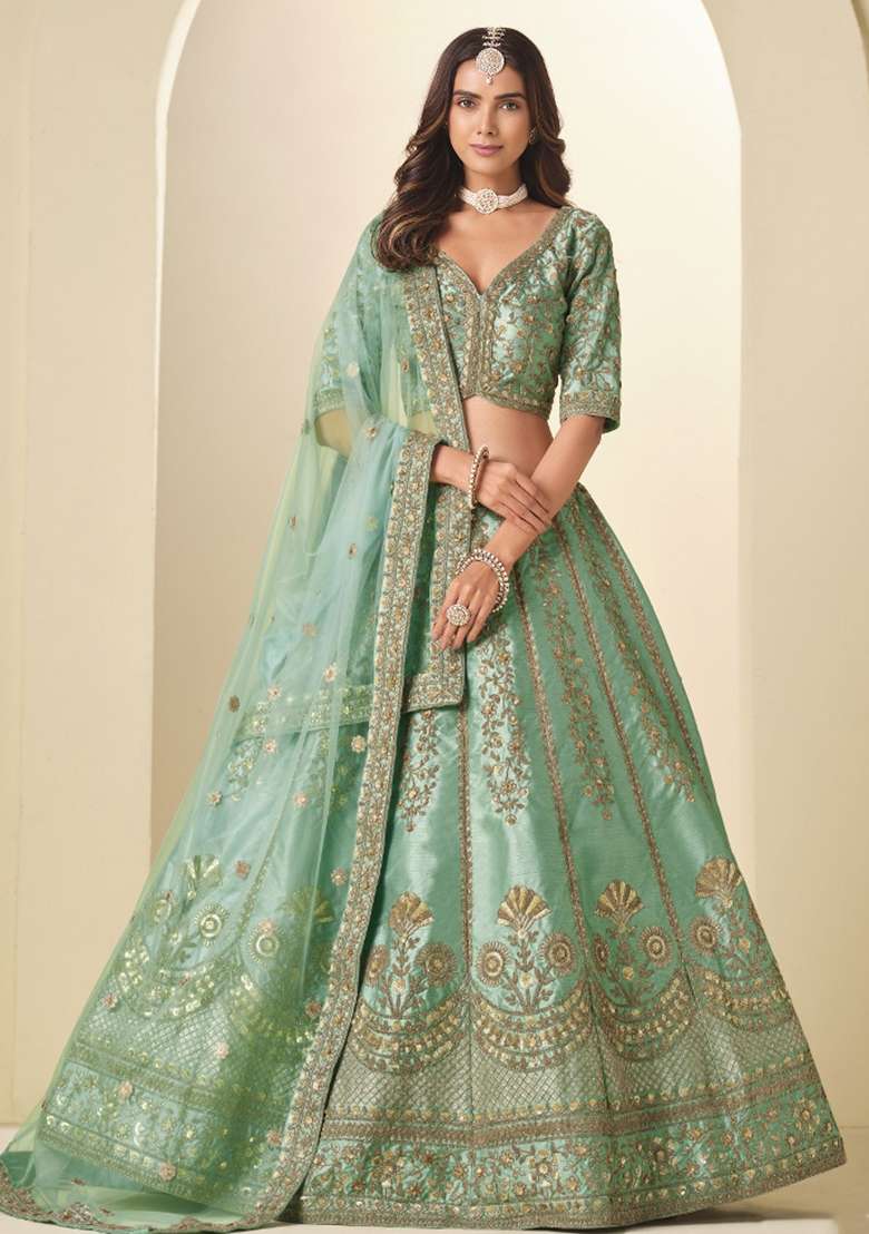 Sea Green Silk Blend Lehenga Set with Embroidered for Diwali | Wedding & Festive Wear - Indya