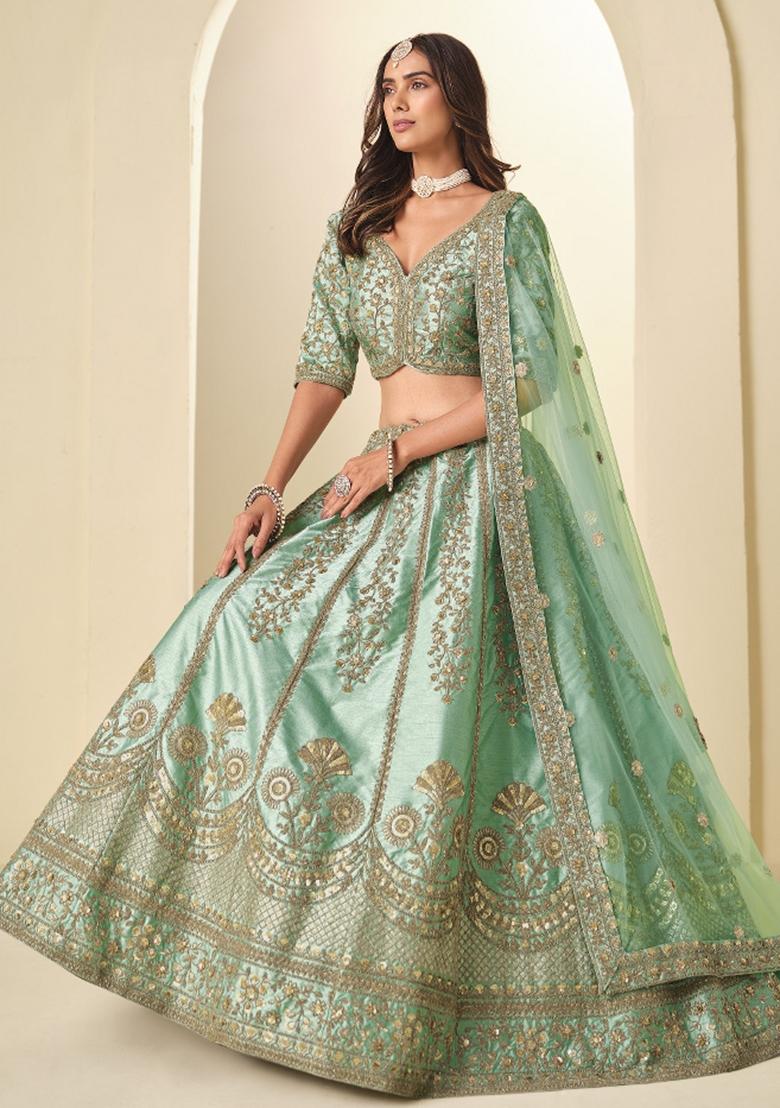 Sea Green Embroidered Silk Lehenga Set - Indya